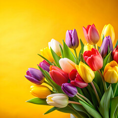 bouquet of multicolored tulips on yellow background