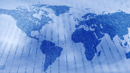 Blurry blue and gray world map with random numbers illustration background.