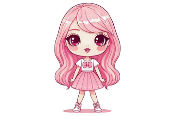 pink female barbie doll Kawaii cartoon characters, cute lines and colorful coloring pages.