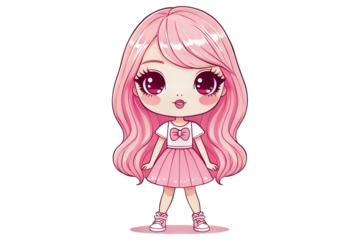 pink female barbie doll Kawaii cartoon characters, cute lines and colorful coloring pages.