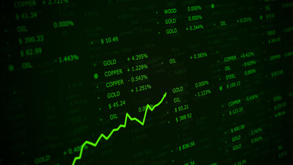 Green coloured business raw materials changing prices and stock index data with graph illustration. 