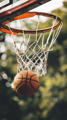 Fototapeta premium A basketball is suspended in the air above a net