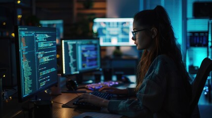 A young woman wearing glasses is coding in front of a computer in a dark room. AIG51A.