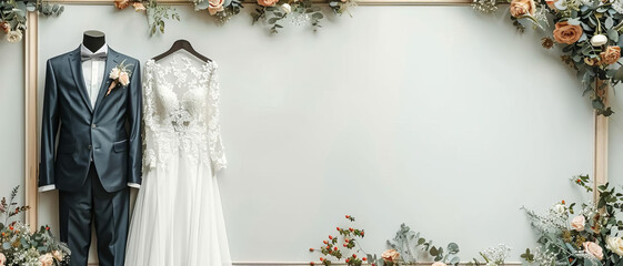 An artistic shot of a wedding dress and groom s suit displayed in an elegant frame with copy space for text