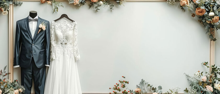An artistic shot of a wedding dress and groom s suit displayed in an elegant frame with copy space for text