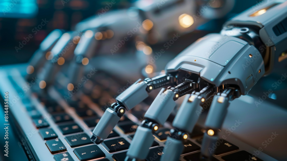 Poster close-up of a robot hand on a modern keyboard. robot hands typing on a computer with a keyboard. bus