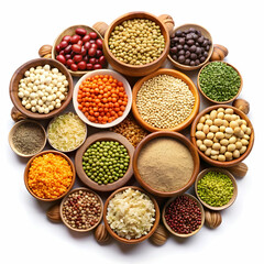 Set of superfoods, legumes, cereals, nuts, seeds in bowls on white table. top view