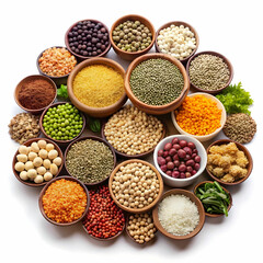 Set of superfoods, legumes, cereals, nuts, seeds in bowls on white table. top view