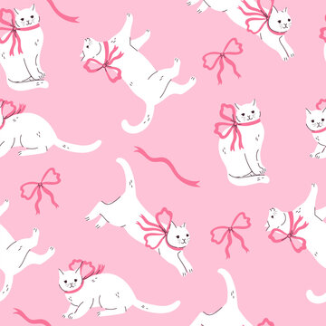 Seamless pattern with cute white cats with pink bows. Vector graphics.