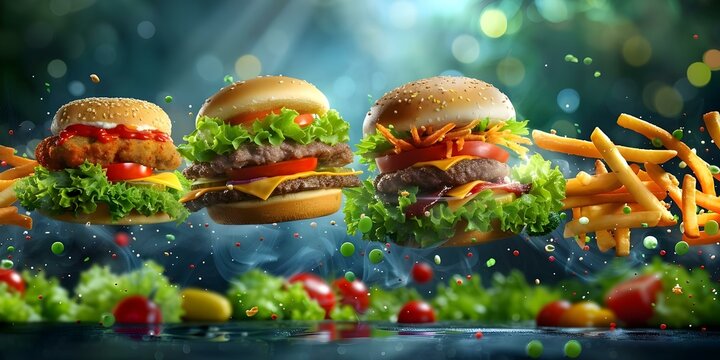 Fast food items suspended in mid-air against a dark background. Concept Levitating fast food, Dark background, Suspended objects, Food photography, Levitation art