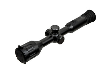 Modern sniper scope on a white background. Optical device for aiming and shooting at long...
