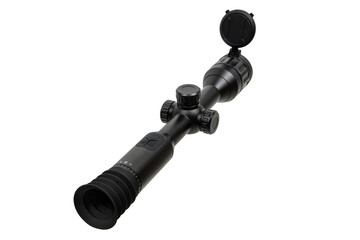 Modern sniper scope on a white background. Optical device for aiming and shooting at long distances. Sight with built-in thermal imager. Isolate on a white back