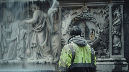 Obraz premium A worker in a fluorescent jacket cleaning a public monument, preserving its historical significance and appearance.