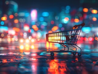 Silhouetted Shopping Cart Amid Vibrant Neon Cityscape at Night