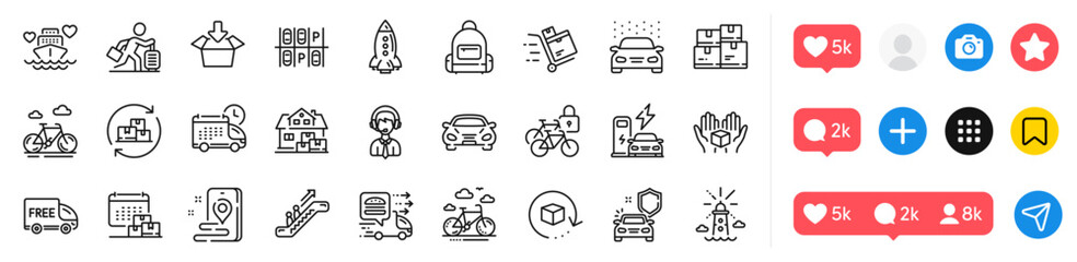 Bicycle lockers, Parking place and Lighthouse line icons pack. Social media icons. Car, Car secure, Get box web icon. Home moving, Food delivery, Return package pictogram. Vector