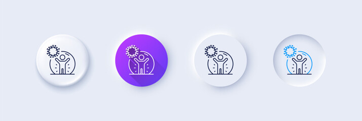 Coronavirus protection line icon. Neumorphic, Purple gradient, 3d pin buttons. People isolation sign. Prevention rules symbol. Line icons. Neumorphic buttons with outline signs. Vector
