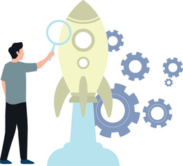 Boy searching on startup rocket.