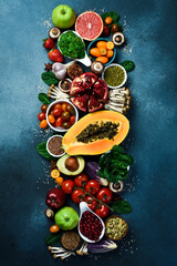 Top view. Fruits, vegetables, berries and mushrooms. Healthy food.