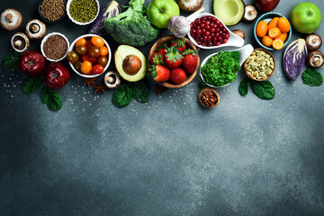Banner. Top view from Healthy food clean eating selection: Fruits, vegetables, berries and...