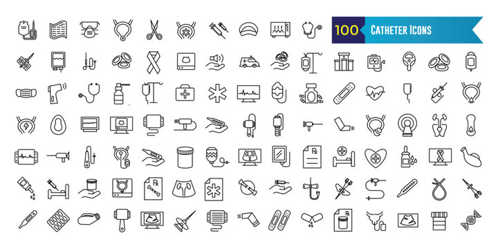 Catheter icons set. Outline set of catheter vector icons for ui design. Outline icon collection. Editable stroke.