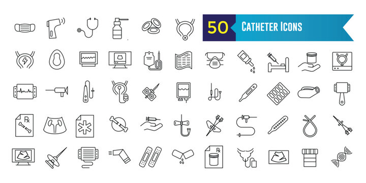 Catheter icons set. Outline set of catheter vector icons for ui design. Outline icon collection. Editable stroke.