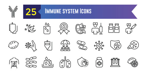 Immune system icons set. Outline set of immune system vector icons for ui design. Outline icon collection. Editable stroke.