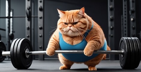 Sad, fat red cat raises a barbell.