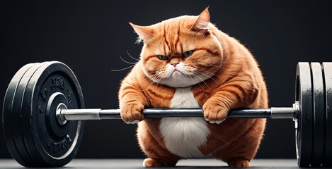Sad, fat red cat raises a barbell.