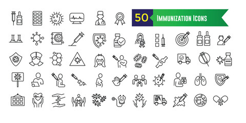 Immunization icons set. Outline set of immunization vector icons for ui design. Outline icon collection. Editable stroke.