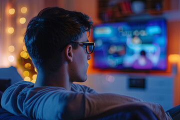 Young Man in Glasses is Sitting on a Sofa and Watching TV with Live News. It's Evening and Room at Home Has Working Lamps