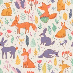 Design a pattern that combines whimsical forest animals like foxes, rabbits, and deer