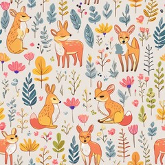 Design a pattern that combines whimsical forest animals like foxes, rabbits, and deer