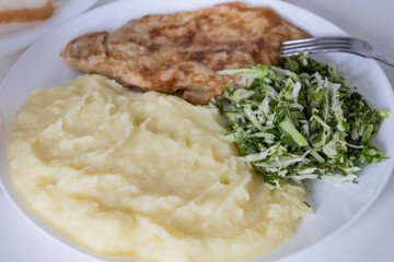 A delicious breakfast or lunch with mashed potatoes, chop with salad - green onions and green young cabbage, parsley on the white plate.
