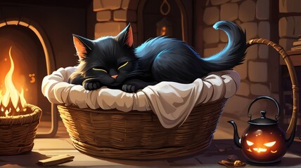 black cat in a basket sleeping night