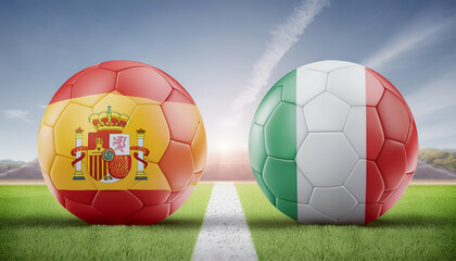 two football balls adorned with the vibrant colors of the Spain and Italy flags, symbolizing the excitement of a thrilling match.