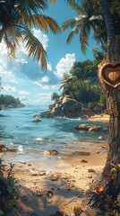 a beautiful beach, summer vibes, pina colada, palm tree, carved heart on trunk peaceful, Generate AI.