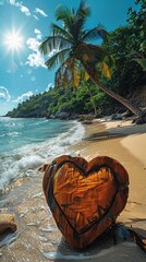 a beautiful beach, summer vibes, pina colada, palm tree, carved heart on trunk peaceful, Generate AI.