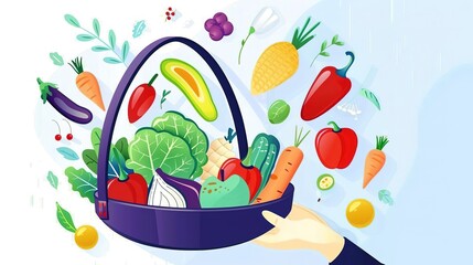 A variety of fresh vegetables and fruits are arranged in a basket