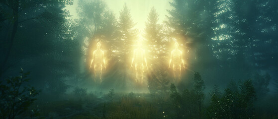Angelic figures floating over a forest clearing at dawn, top view, celestial morning, Scifi tone, Vivid