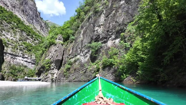 Albania shala river, Komani lake, mountain view from boat in Albania. Summer in Albania on a boat in mountain landscape  