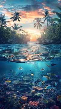 a tropical island with palm trees and fish swimming in the sea, sunset sky, underwater view of coral reef
