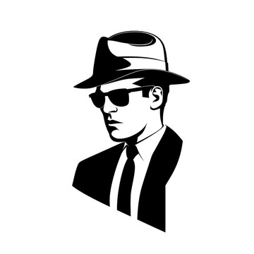 recommend clip art: Black Silhouette of a Mysterious Secret Agent Wearing a Suit, Sunglasses and Hat on a White Background