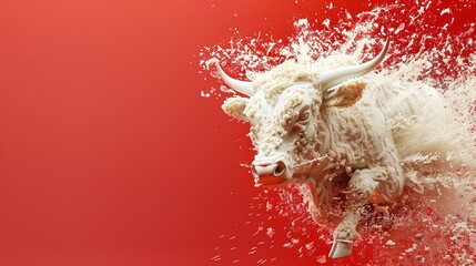 a bull made out of rice in 3d flying and turning, advertising style on a red background, Generate AI.