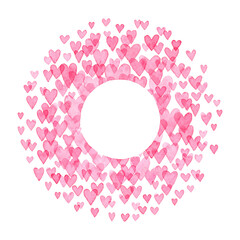 Watercolor wreath for Valentine's Day. Pink hearts round frame. Elements of different sizes, confetti, scattered chaotically. Vector illustration.