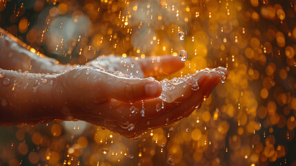 Fototapeta premium Childs hand catching raindrops, sparkling as they fall, front view, playful shimmer, Technology tone, Complementary Color Scheme