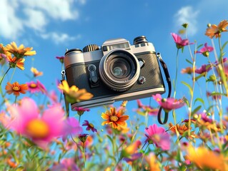 A camera floats in the air with colorful flowers blooming in the air and the blue sky below. It features a cute cartoon design, 3D rendering, Generate AI.