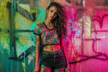 Confident Asian woman in trendy urban wear poses against a vibrant graffiti backdrop, embodying bold self-expression and street style
