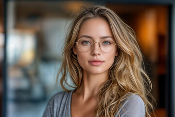 Confident young woman in glasses, serious expression and casual style, professional indoor setting emphasizes modernity