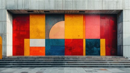 A vibrant and colorful geometric mural painted on a concrete wall, adding liveliness to an urban space