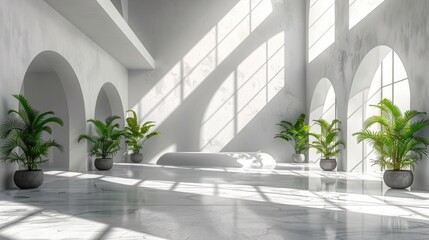This image captures a serene, bright space with sunlight casting shadows through the arches, enhanced by green potted plants